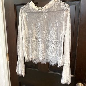 White lace. see-through, long sleeve ,crop top